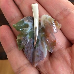 Carved moss agate leaf sterling silver pendant